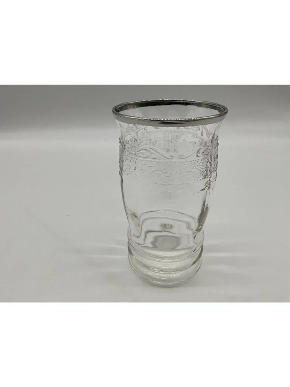 MacBeth -Evans Strippled Rose Band Clear Depression Glass Tumbler w/silver Rim